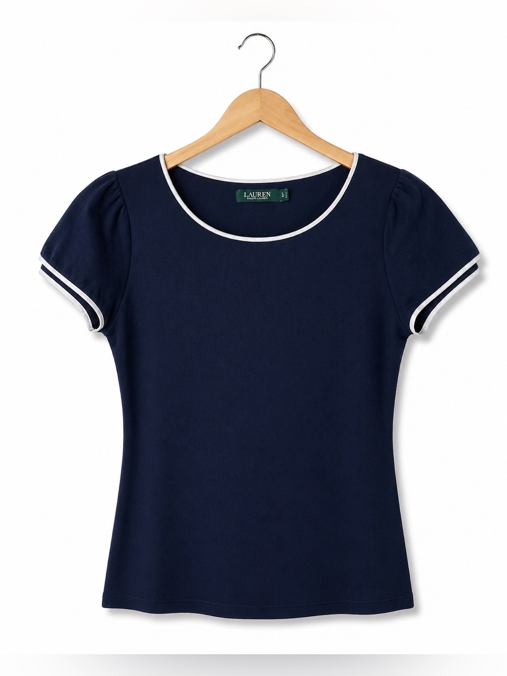 Lauren Ralph Lauren Navy Short Sleeve Tee White Trim Large Preppy Elevated Basic